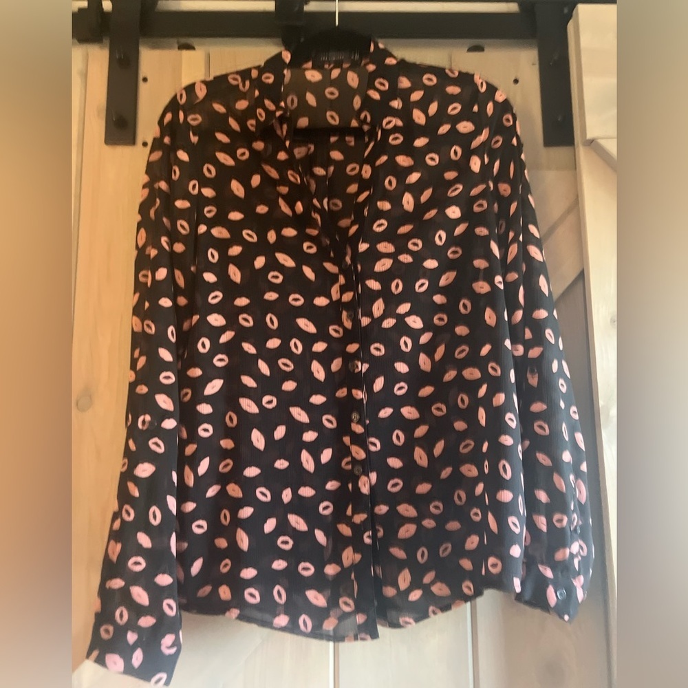 The Limited Black Blouse with Pink Lip Print
